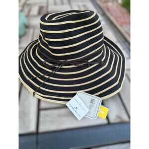 NWT San Diego UPF 50+ UV Travel Black Stripe Straw Sun Hat Shade Pool OS Beach